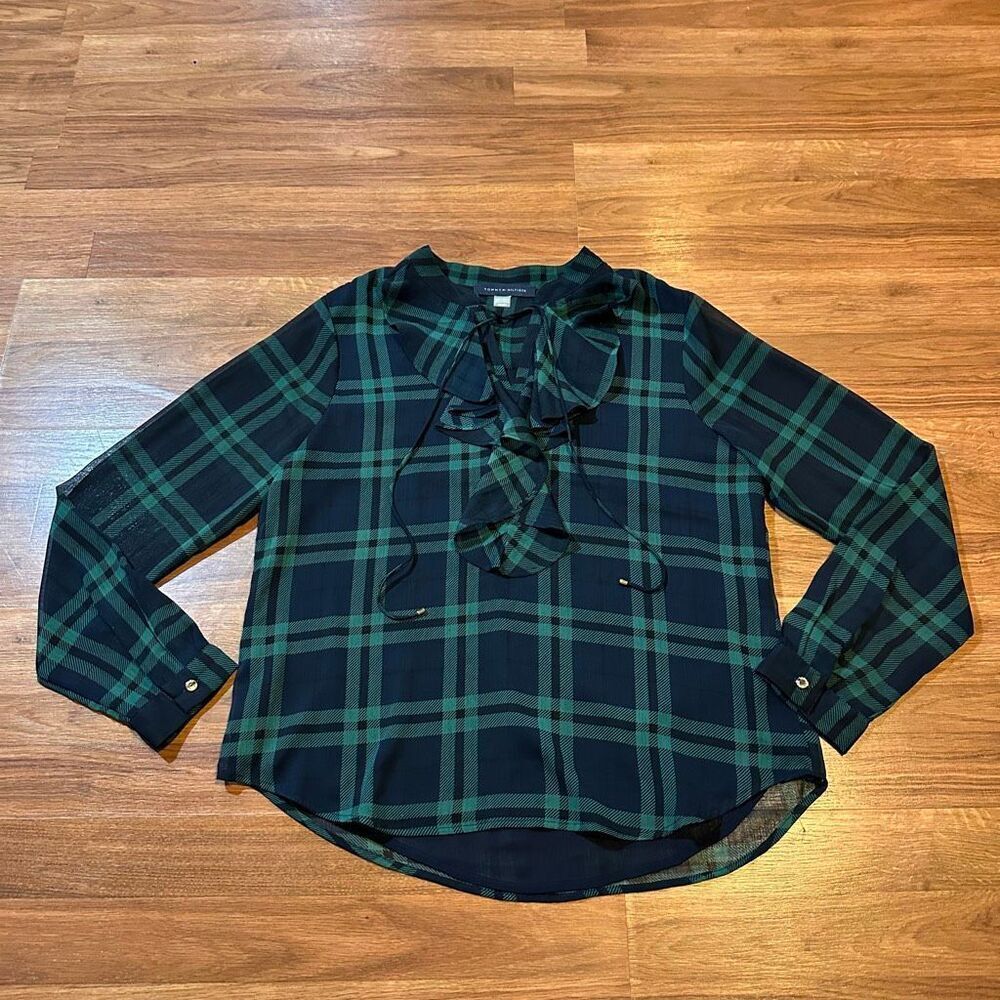 Tommy Hilfiger Long-Sleeve Ruffle Blouse Shirt Plaid Green Blue| Women Size Medi